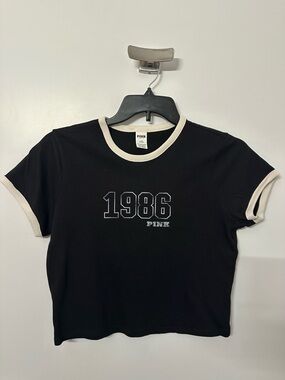 $30!! PINK 1986 Black Ringer Cropped Tee with Cream Trim Size L. FREE SHIPPING